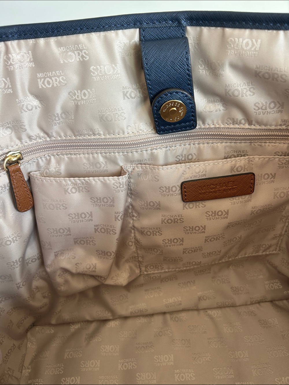 Michael Kors Jet Set Tote - Navy & White Striped Tote with Brown Leather Handles - Picture 4 of 7